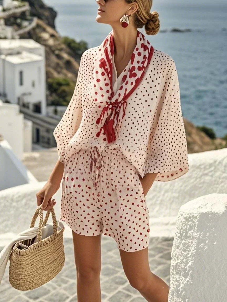 Prikket Sommer Sæt med Shorts og Tørklæde