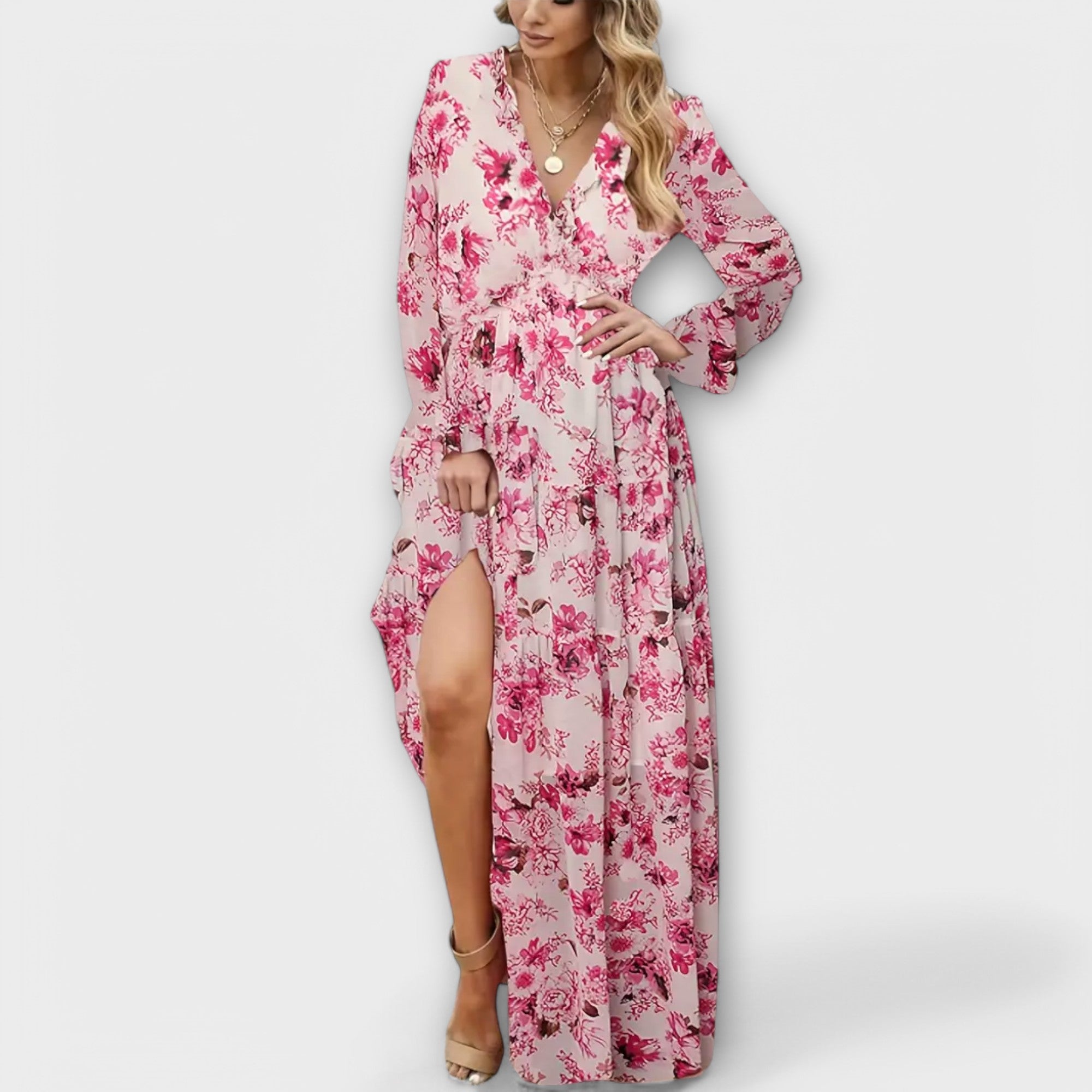 Elle | Blomstret Maxi Kjole med V-Hals