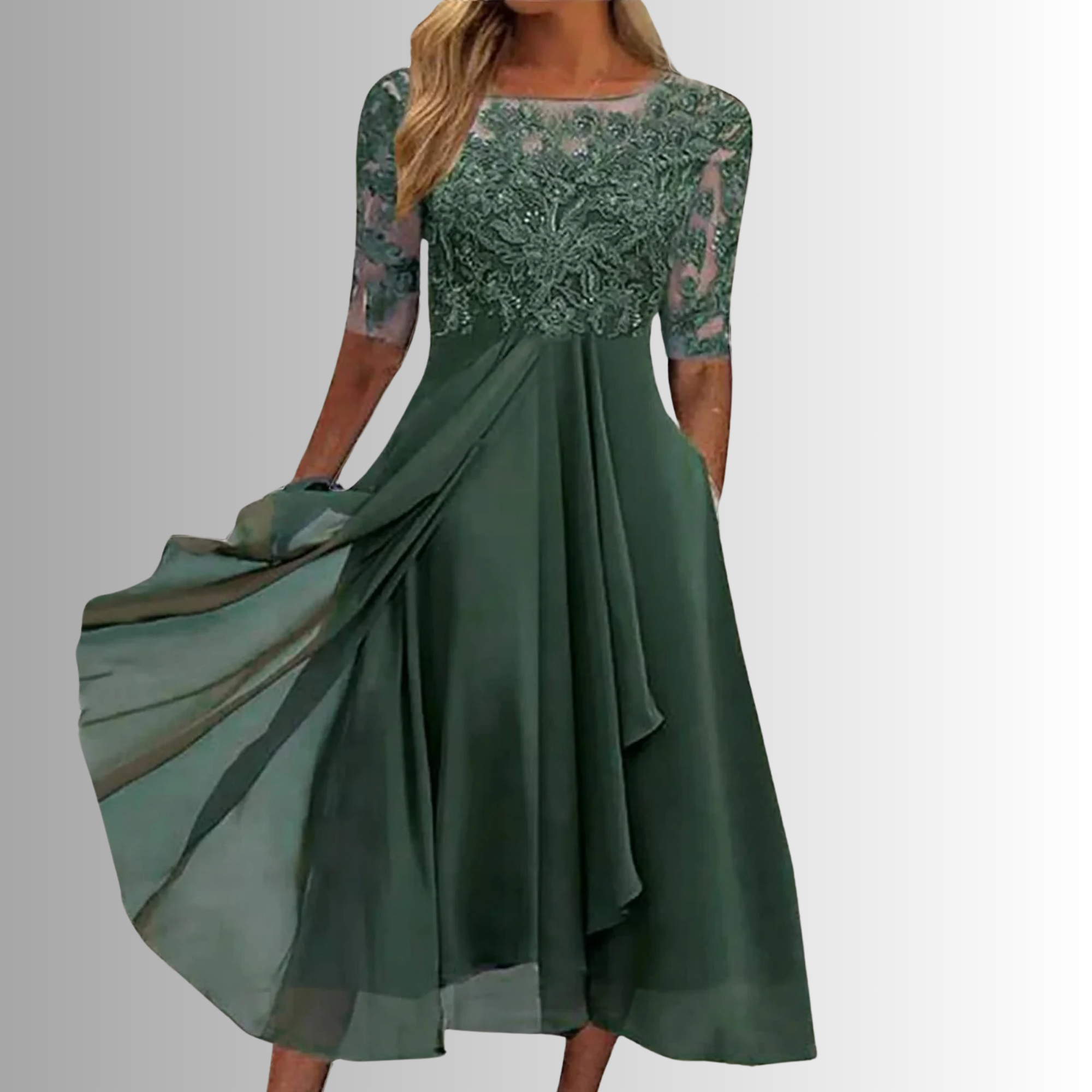 Rhonda | Elegant Blondebroderet Chiffon Midi Kjole