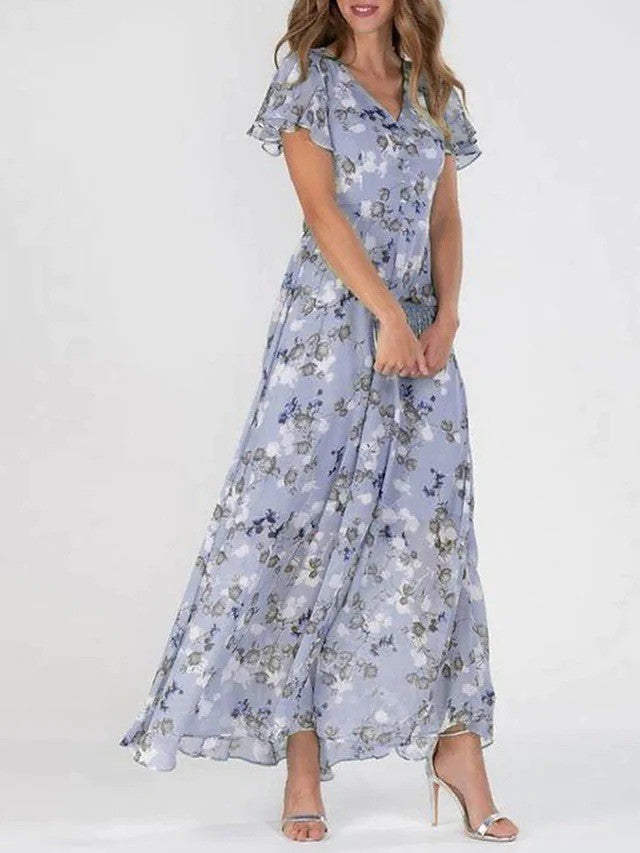 Marit | Elegant Blomstret Maxi Kjole med V-Hals