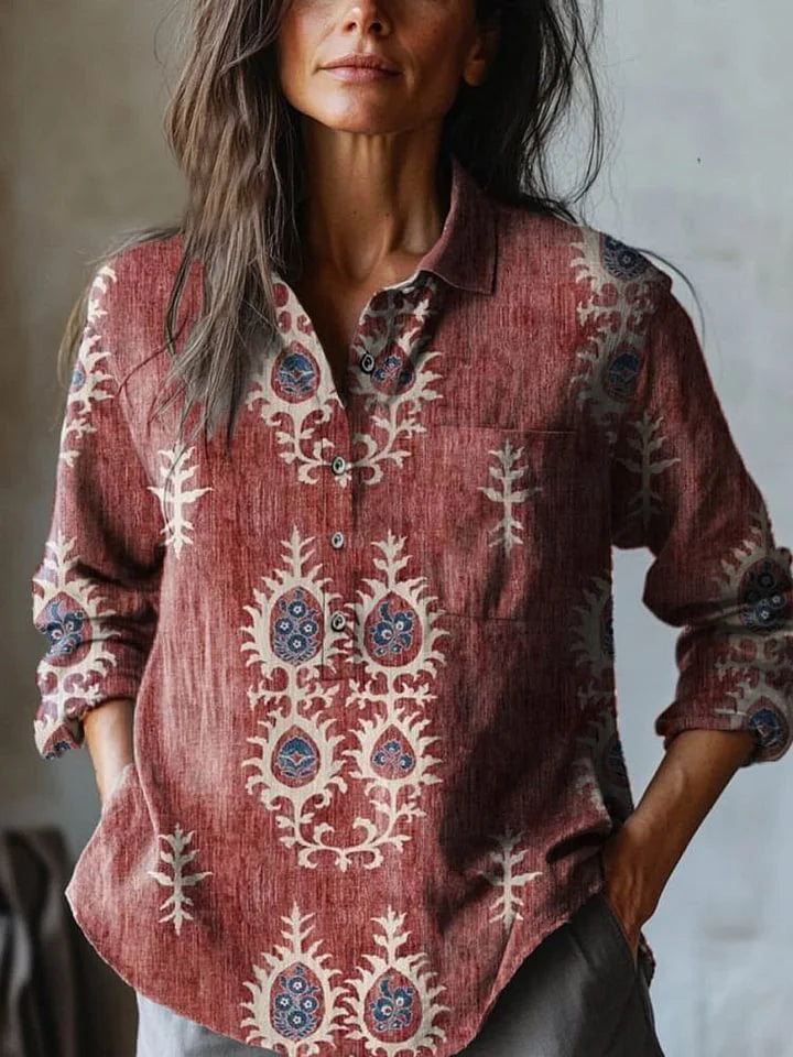 Etnisk Blomstret Skjorte i Linned
