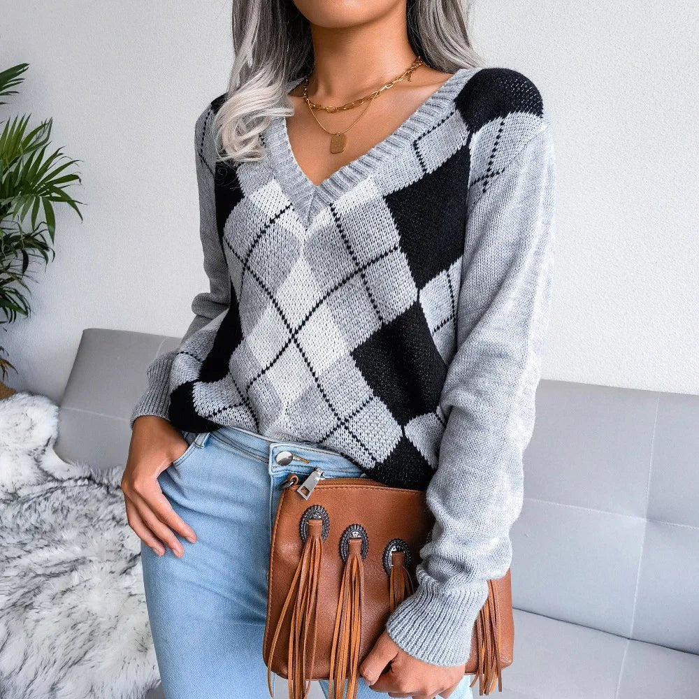 Bettina | Vinter Argyle V-Hals Sweater til Kvinder