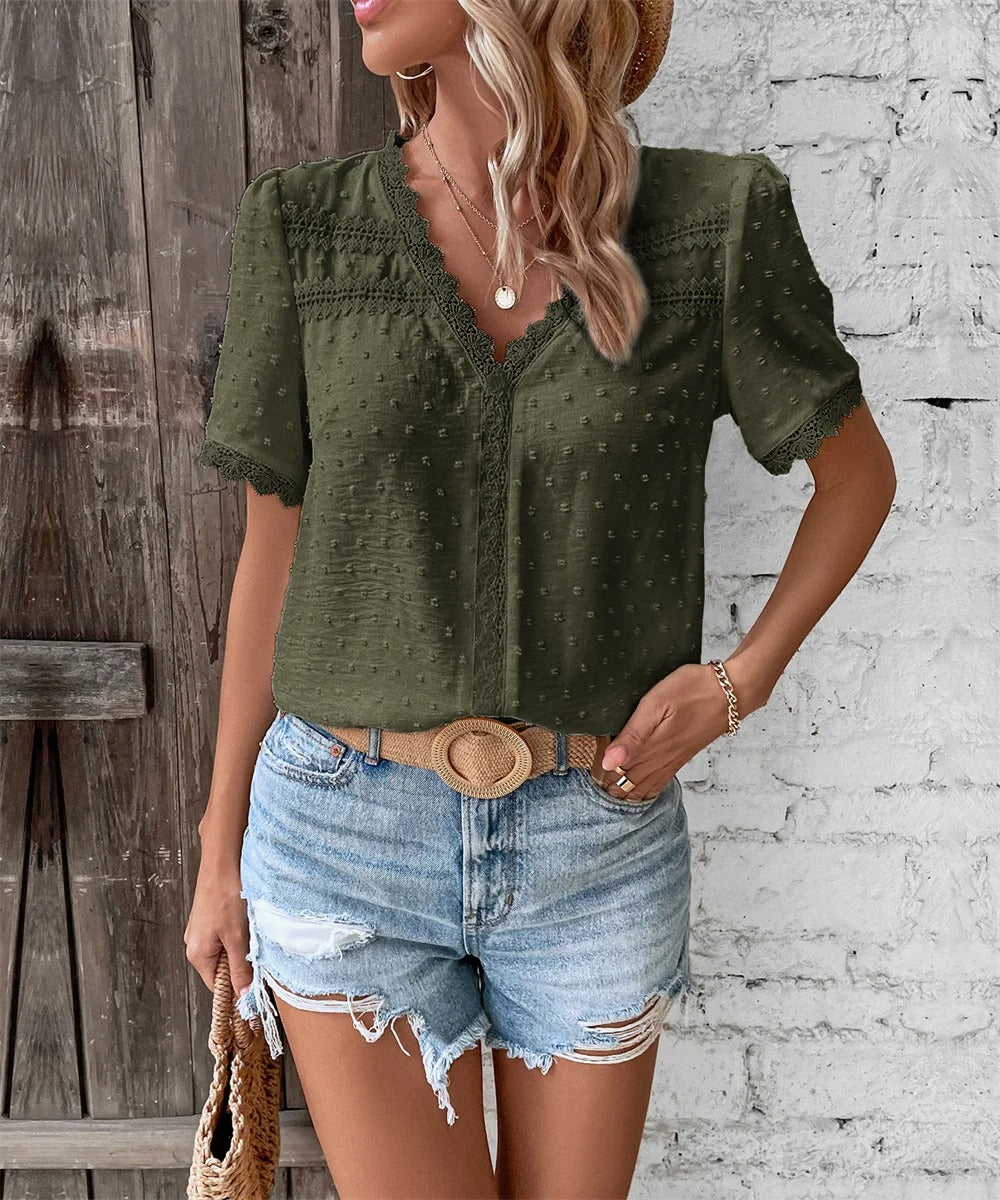 Alma | Bluse med Blondekant og Tekstur Design