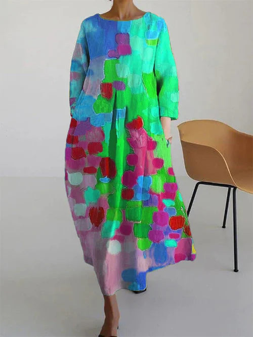 Freya | Farverig Kjole med Blokmønster