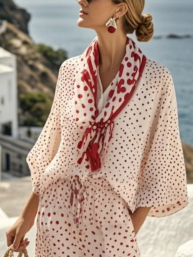 Prikket Sommer Sæt med Shorts og Tørklæde