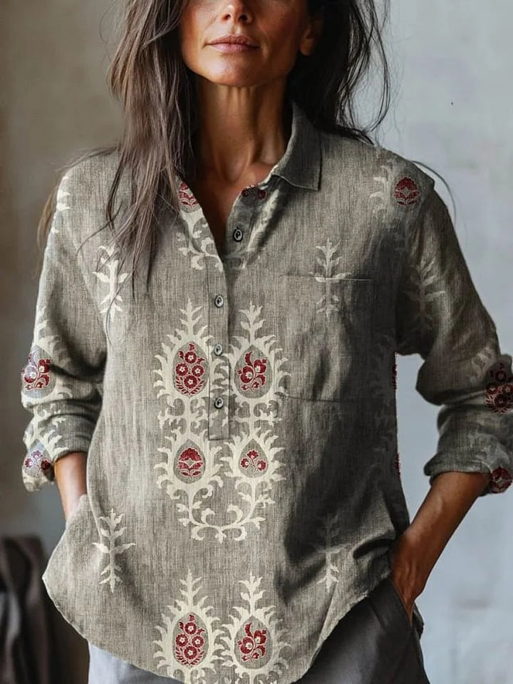 Etnisk Blomstret Skjorte i Linned