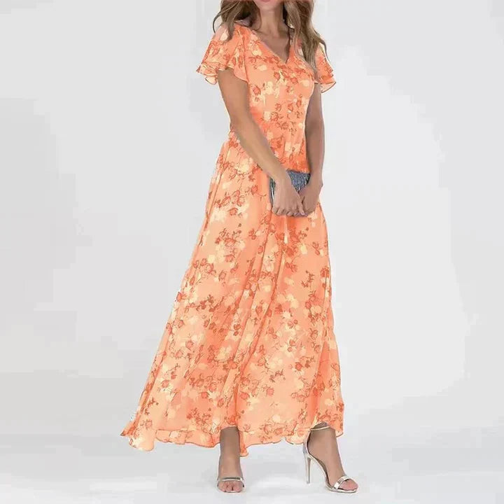 Marit | Elegant Blomstret Maxi Kjole med V-Hals