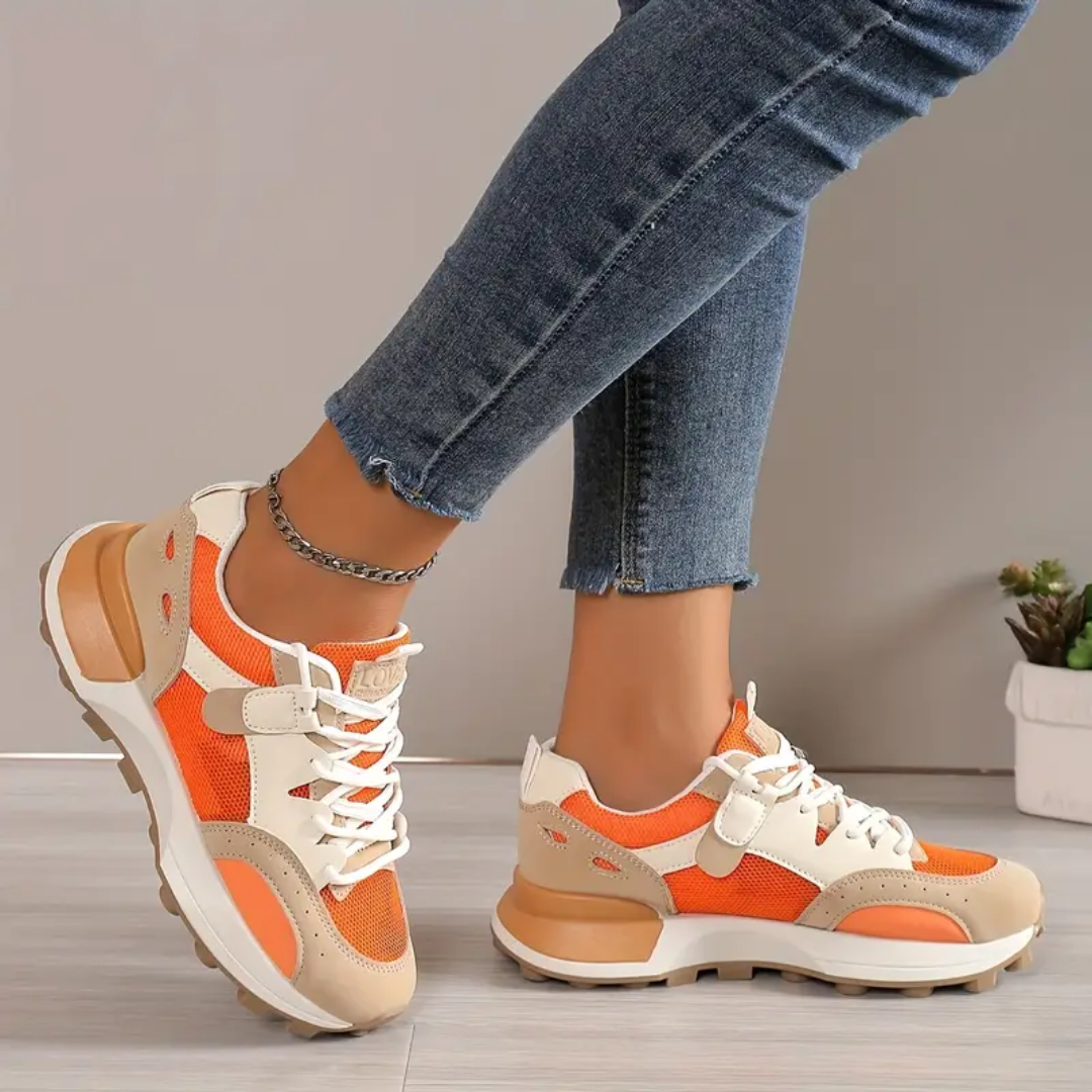 Dame - farveblok orange snøresko casual