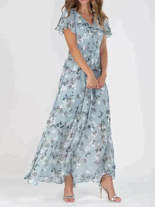 Marit | Elegant Blomstret Maxi Kjole med V-Hals