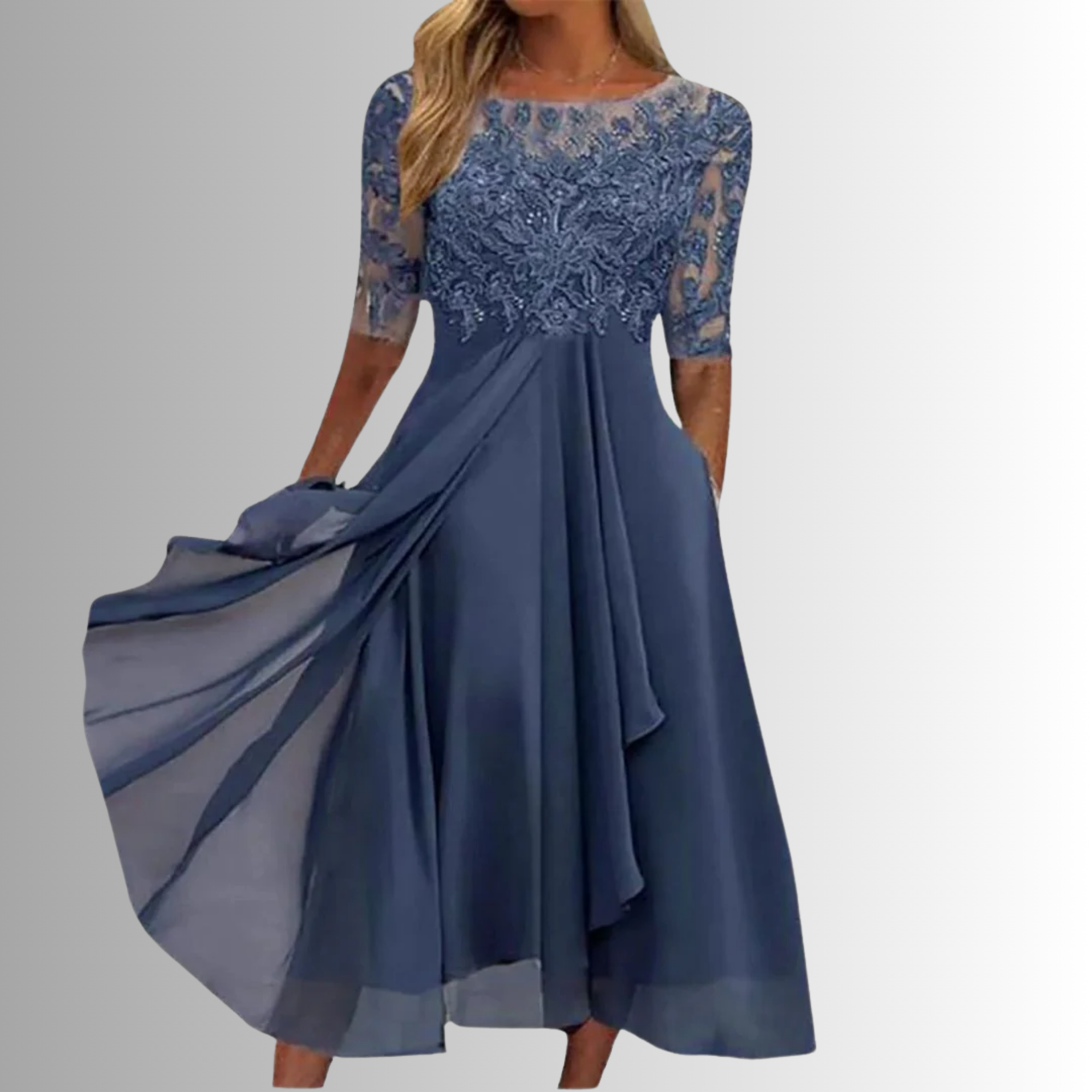 Rhonda | Elegant Blondebroderet Chiffon Midi Kjole