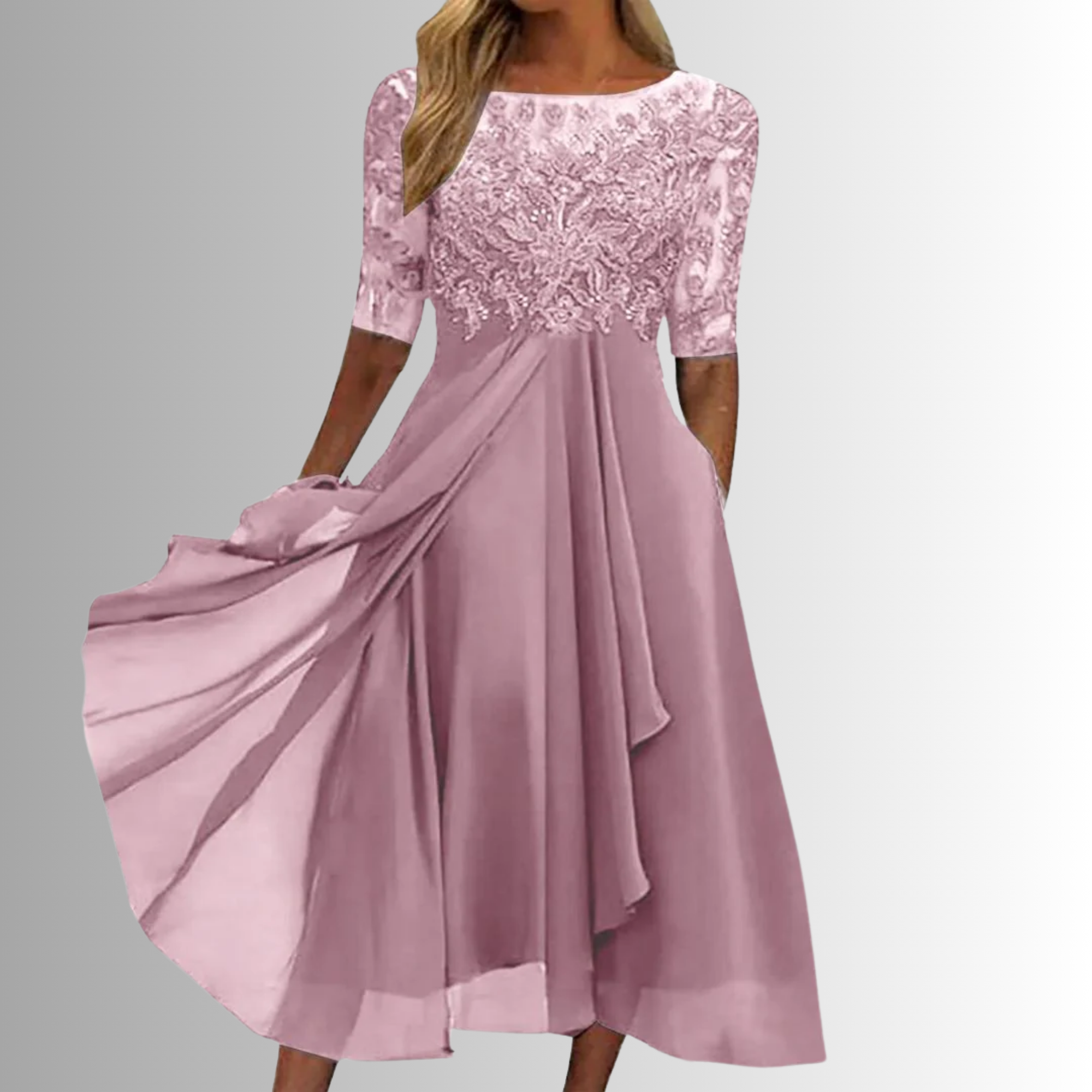Rhonda | Elegant Blondebroderet Chiffon Midi Kjole