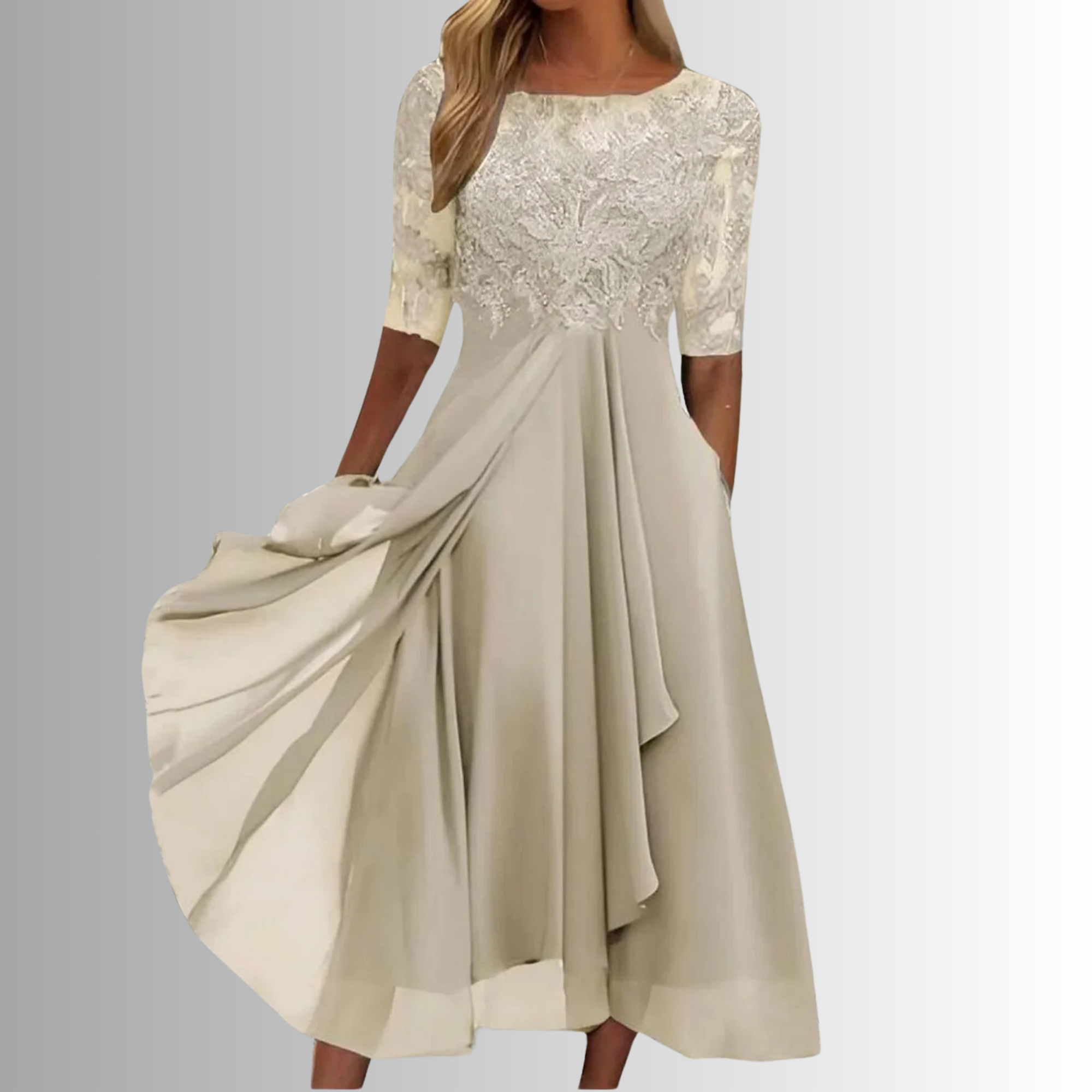 Rhonda | Elegant Blondebroderet Chiffon Midi Kjole