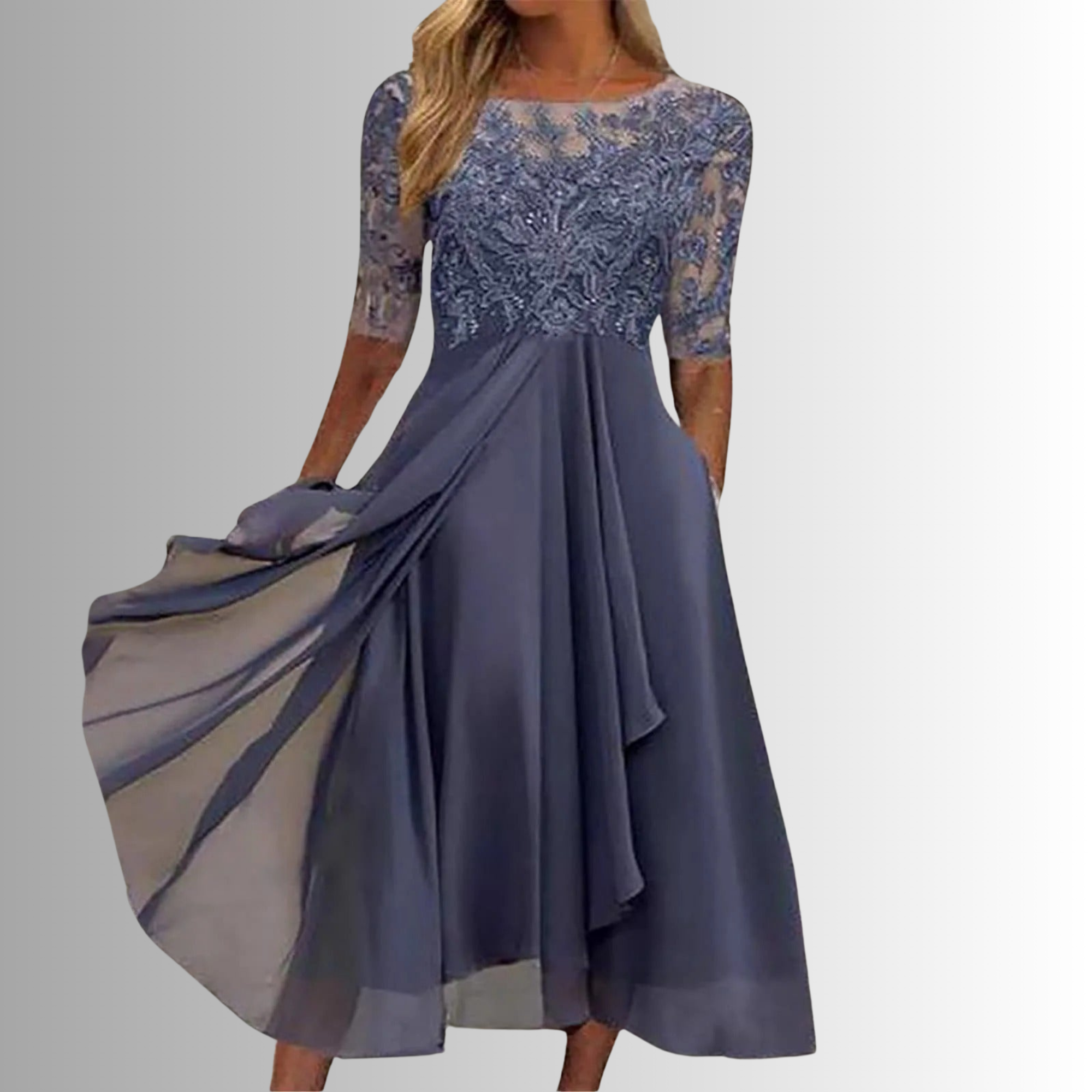 Rhonda | Elegant Blondebroderet Chiffon Midi Kjole