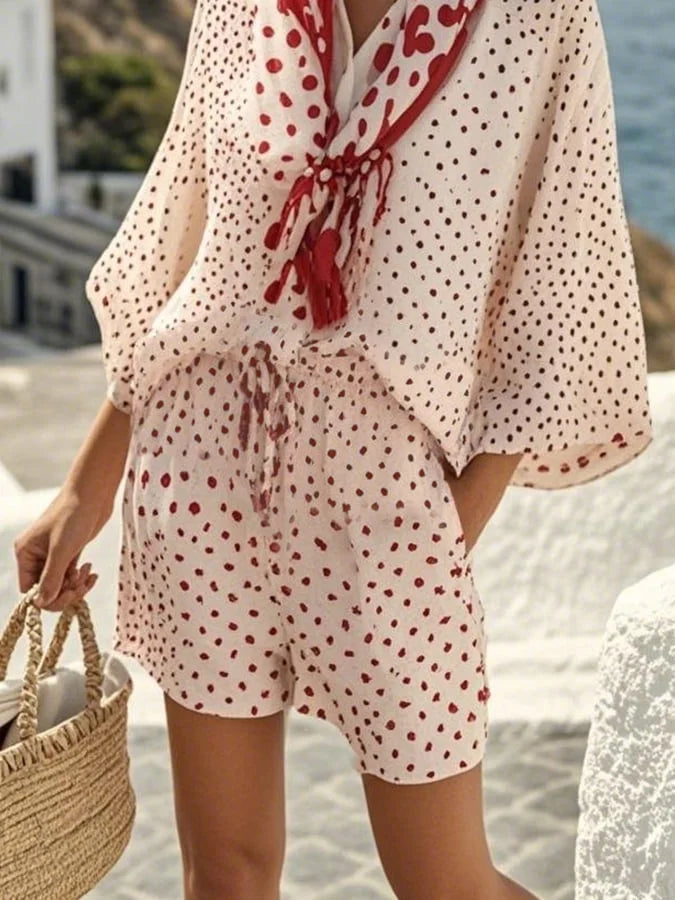 Prikket Sommer Sæt med Shorts og Tørklæde