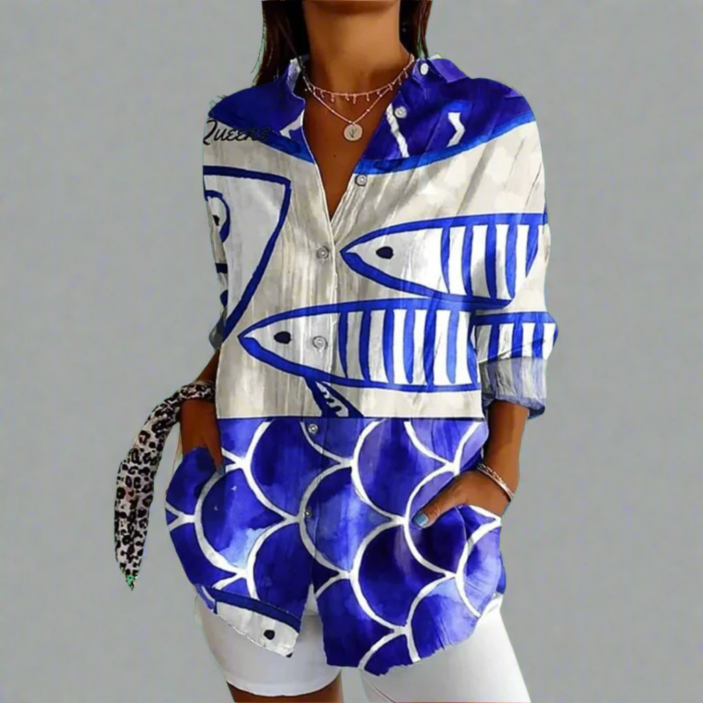 Delia | Klassisk Bluse i Kvalitetsstof med Håndlavede Detaljer