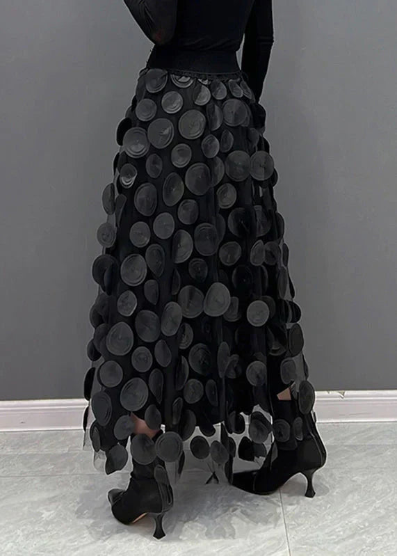 Christel | Elegant Sort Prikket Tylskørt med Patchwork