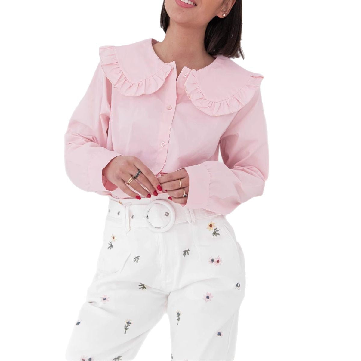 Kvinders bluse i bomuldsblanding med flæsekrave