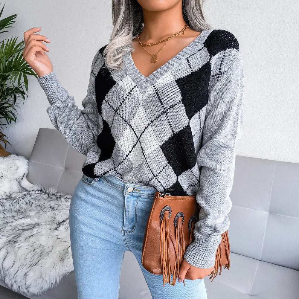 Bettina | Vinter Argyle V-Hals Sweater til Kvinder