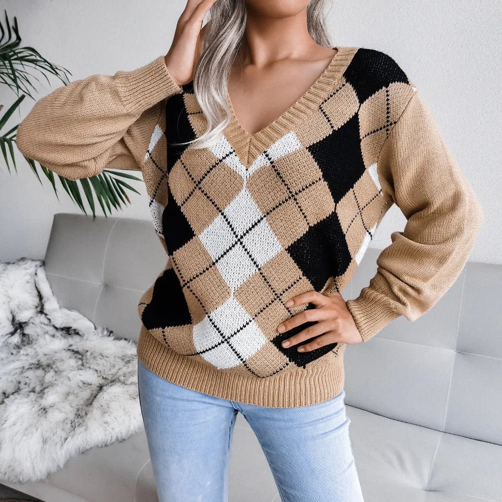 Bettina | Vinter Argyle V-Hals Sweater til Kvinder