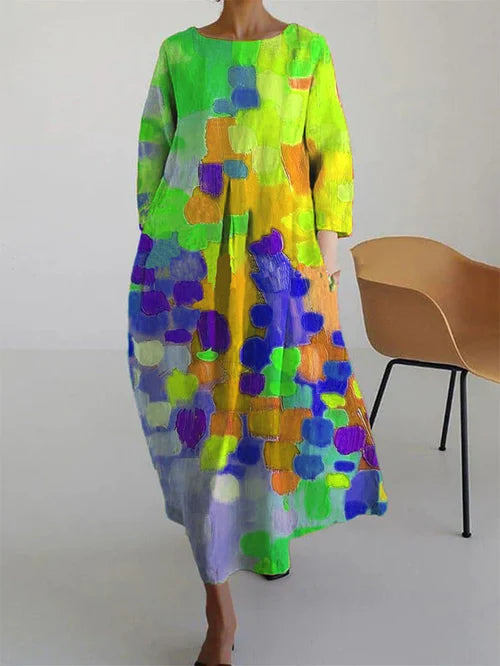 Freya | Farverig Kjole med Blokmønster