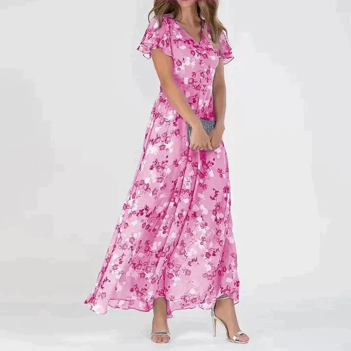 Marit | Elegant Blomstret Maxi Kjole med V-Hals