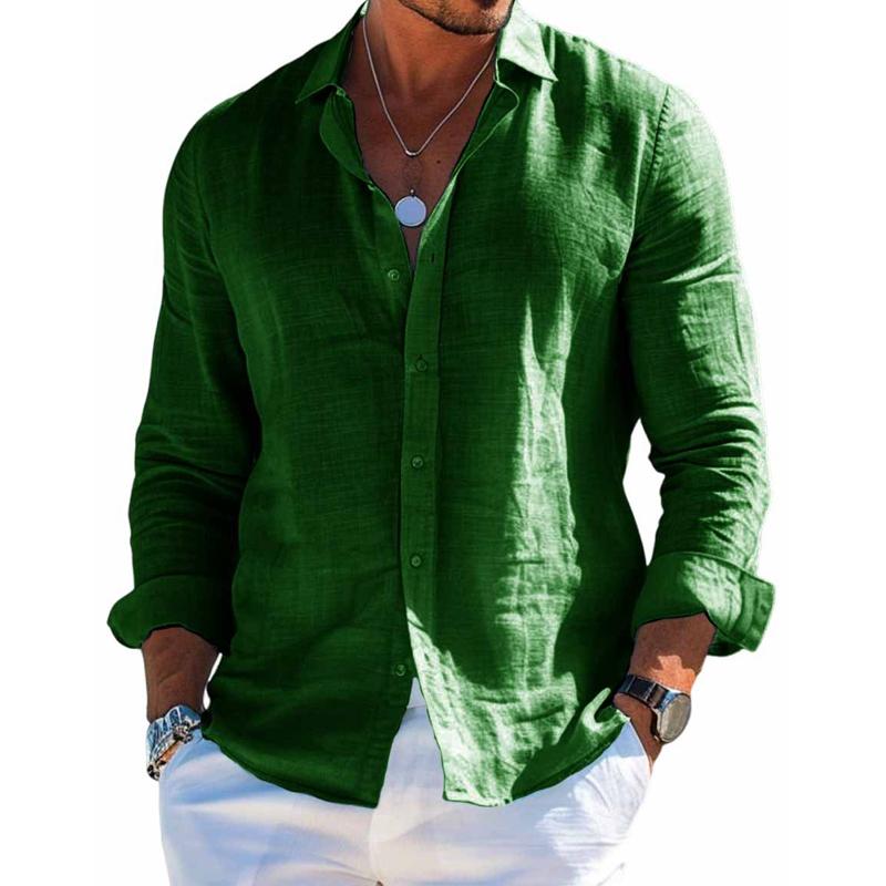 Casual Ensfarvet Bomuld Linned Krave Skjorte til Mænd